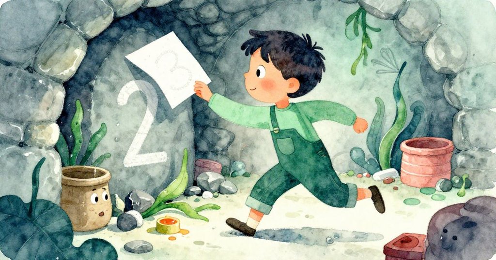 Jonah急忙奔向遺忘的鉛片，保護被蠟滴毀去部分粉筆數字，動作緊張充滿決心，背景石窖顯稜角