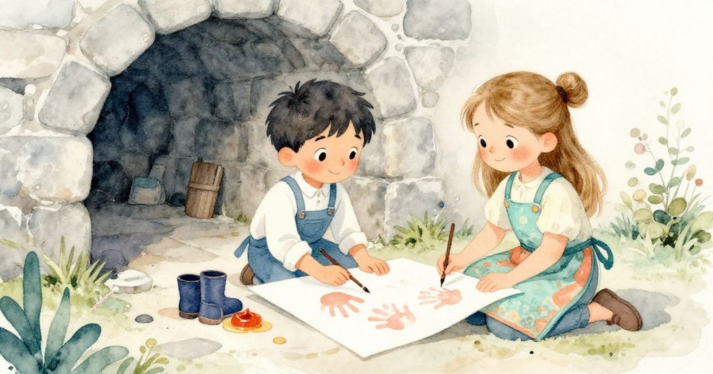 Jonah與Nell在寧靜石窖中微笑欣賞鉛片上兩道溫柔手印，溫暖蠟池映襯冷石，氛圍平和且滿載成就