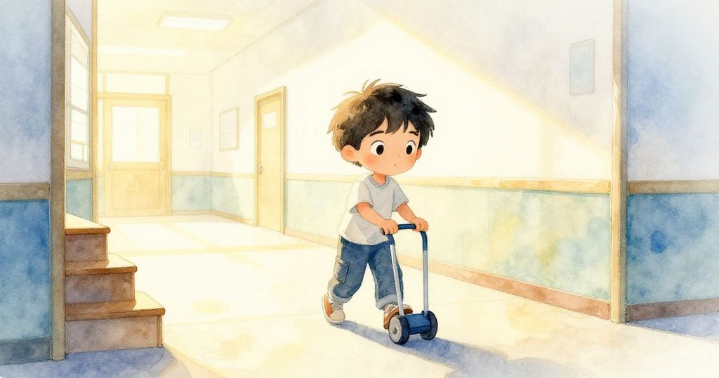 卡爾在晨霧中推著吱吱作響的推車穿過柔和光線的走廊,彎腰避開木樓梯,臉上流露專注與期待。