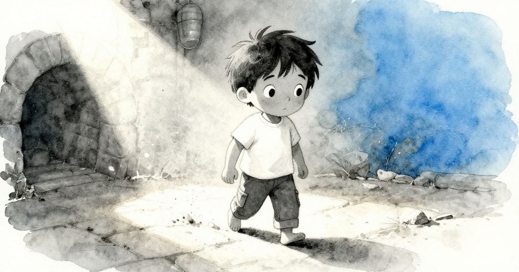 卡爾小心翼翼地在充滿塵土與石塊的地面上行走,鞋子踏出清晰足跡,環境質地細膩呈現。