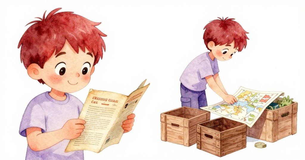 卡爾一邊微笑著認真閱讀舊傳單,一邊整理堆亂的箱子和地圖,畫面分割呈現專注與忙碌的交織。