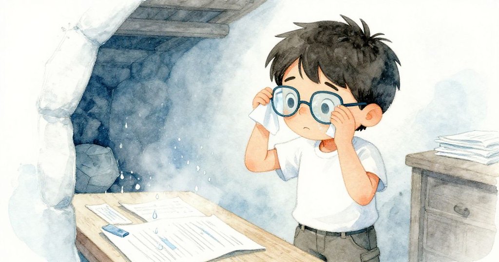 卡爾在地窖中專注地用袖子擦拭模糊眼鏡,凝視著滴落在文件上的露珠,冷暖氣流交融。