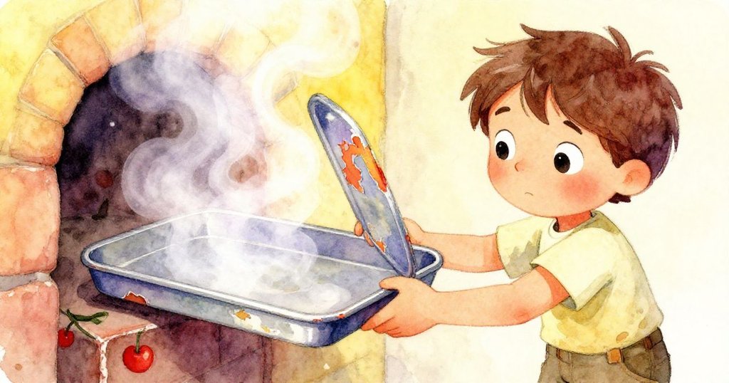 卡爾專注地將空金屬托盤擋於飄升蒸氣前,雙手穩定而決心滿滿,局部細節充分展現。