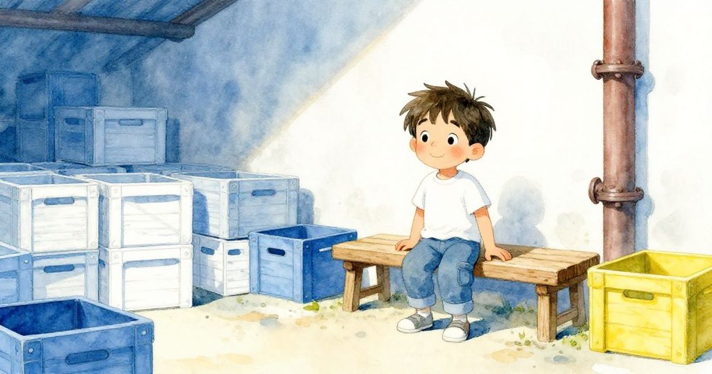 卡爾在整齊的地窖中站於長椅旁,金屬管散發溫暖光澤,周圍箱子有序,臉上洋溢著完成工作的滿足笑容。