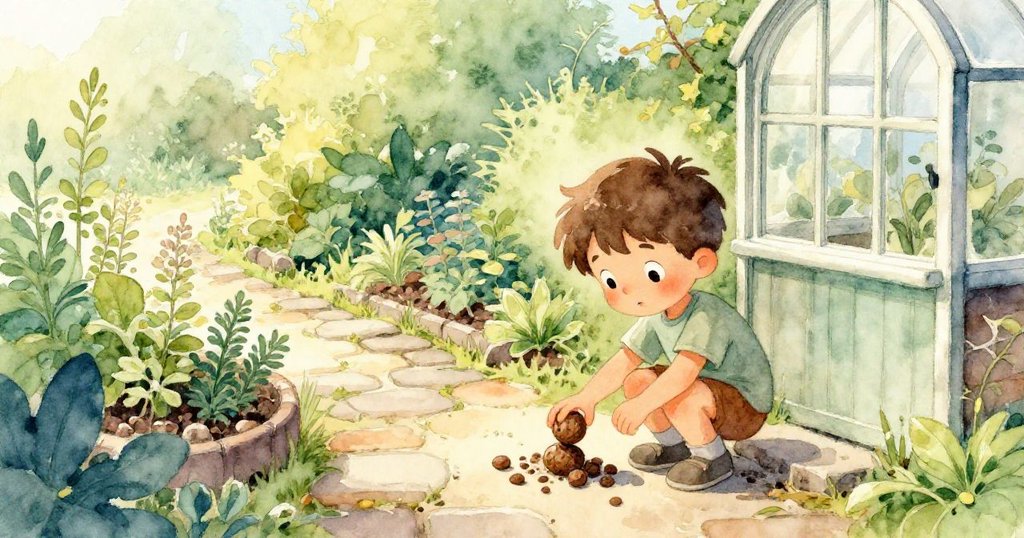 昆恩蹲在石板路旁,準備輕撫一顆圓形種荚,背景呈現溫室和草藥床,充滿探索與期待。