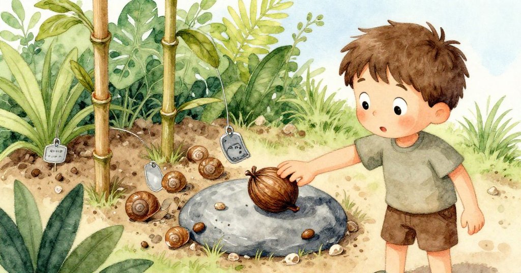 從俯視角看,昆恩的手輕推種荚,引發竹桿、金屬牌和蝸牛殼間微妙連鎖反應,展現花園生機。