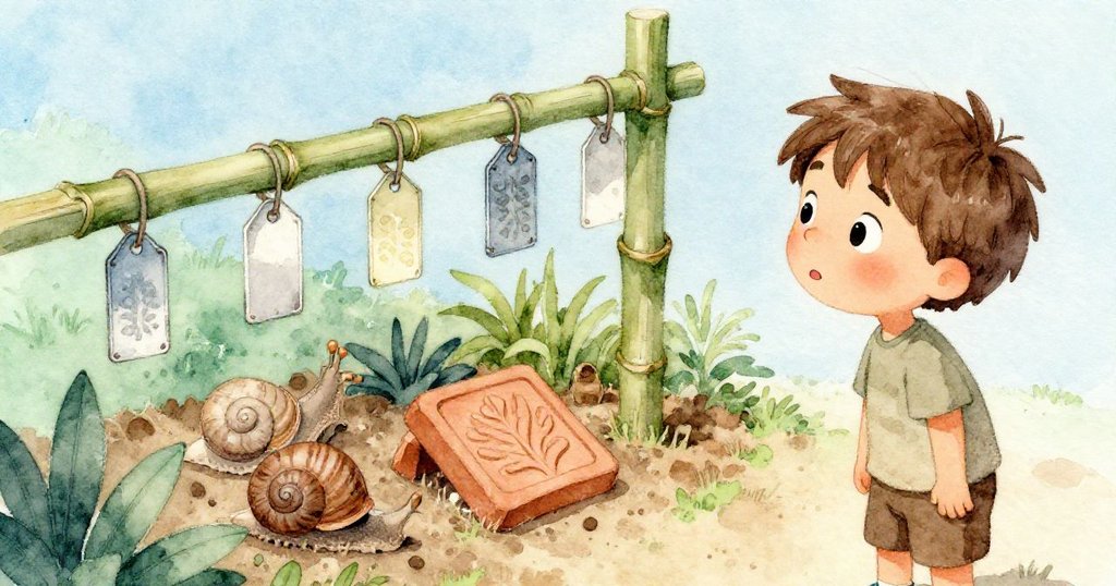 從高處俯瞰,竹桿輕觸金屬牌,蝸牛殼微動,凸葉紋陶瓦悄現藝術感,昆恩靜立一旁欣賞。