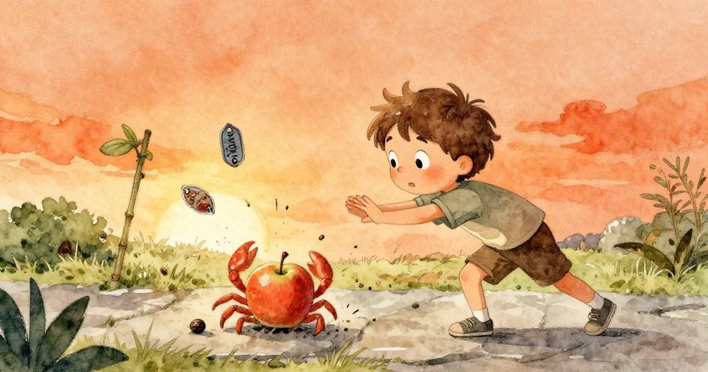 昆恩充滿活力推動一顆蟹蘋果,蘋果彈跳中撞擊種荚與竹桿,金屬牌隨之翻飛,展現活潑動感。