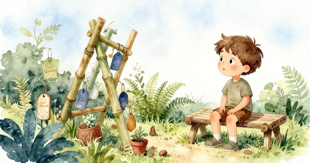 黃昏時分,昆恩安坐蕨類長椅上,靜觀竹桿、金屬牌與傾斜物件和諧排列,臉上落滿寧靜祥和。