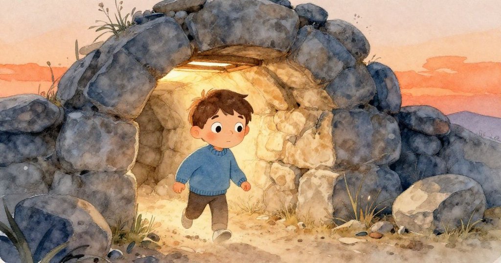 Noel走進狹窄冷冽的地窖,初曦微光照亮石地和紙袋,他的表情既好奇又期待。