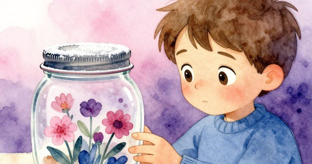 Noel專心研究有著彩繪花朵的玻璃罐,手轉著冰霜覆蓋的金屬蓋,環境中石質牆面和微塵隱現。