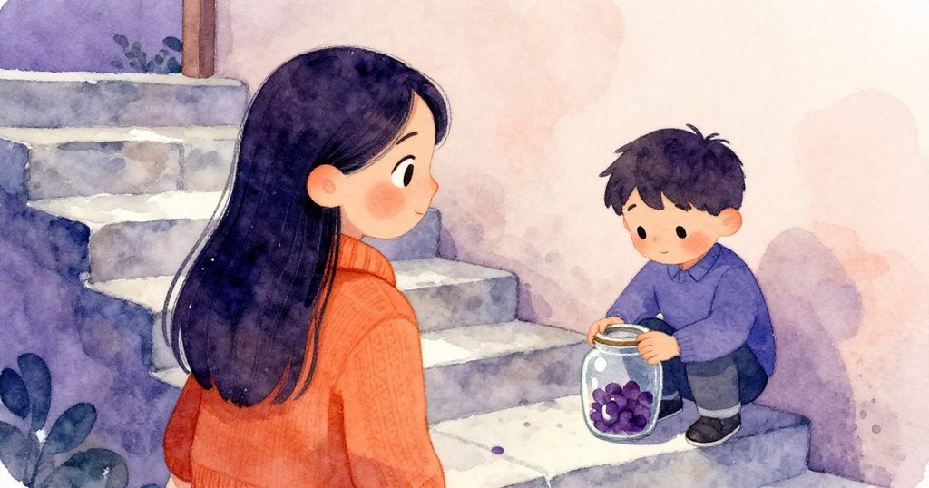 Lena從石階緩步下來,呼出的氣息在冷空氣中形成淡淡霧氣,她透過肩膀望向正專心工作的Noel。