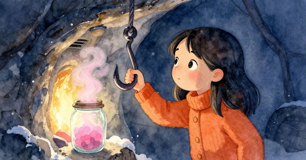 Lena發現暖氣通風口上的鐵掛鉤,細膩的蒸汽與罐蓋上的冰霜相互交織,她充滿希望地伸手觸摸。