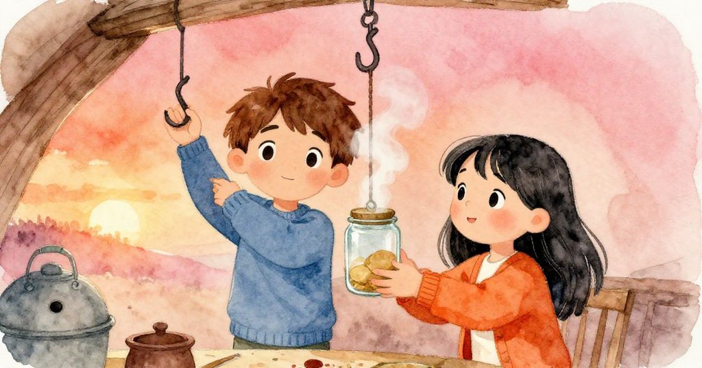 Noel和Lena齊心協力把玻璃罐放在鐵鉤上,溫暖蒸汽使堅固蓋子漸漸放鬆,兩人臉上滿懷期待與合作的光芒。