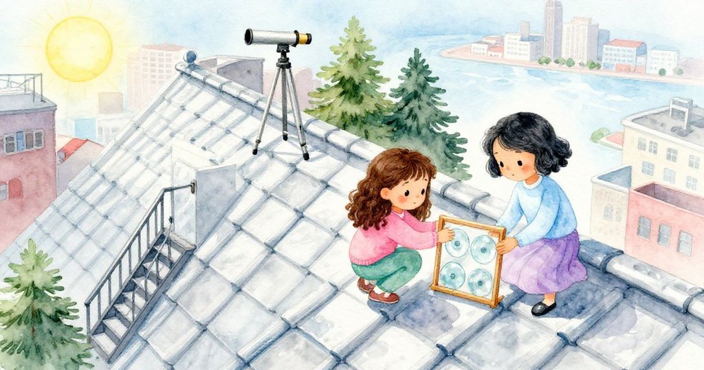 莉莉與蘇琪在屋頂上忙碌互動，望遠鏡和玻璃盤框在整齊瓦片間展現活力，陽光明媚，遠港輪廓清晰。