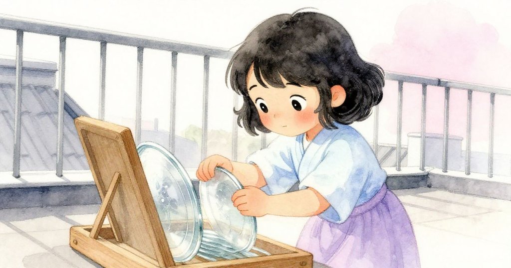 蘇琪在低角度下細心排列玻璃盤，堅定表情映著金屬屋頂背景，玻璃輕響與木框呼應神奇氛圍。