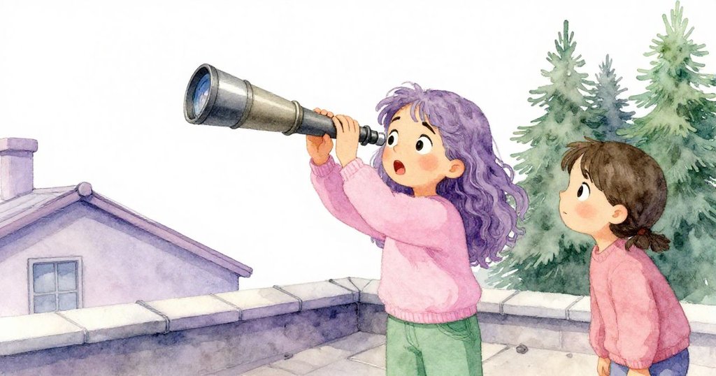 莉莉被望遠鏡震動驚嚇，眉宇間流露出震驚神情，蘇琪緊張注視，音符與震動交織營造緊張氣氛。