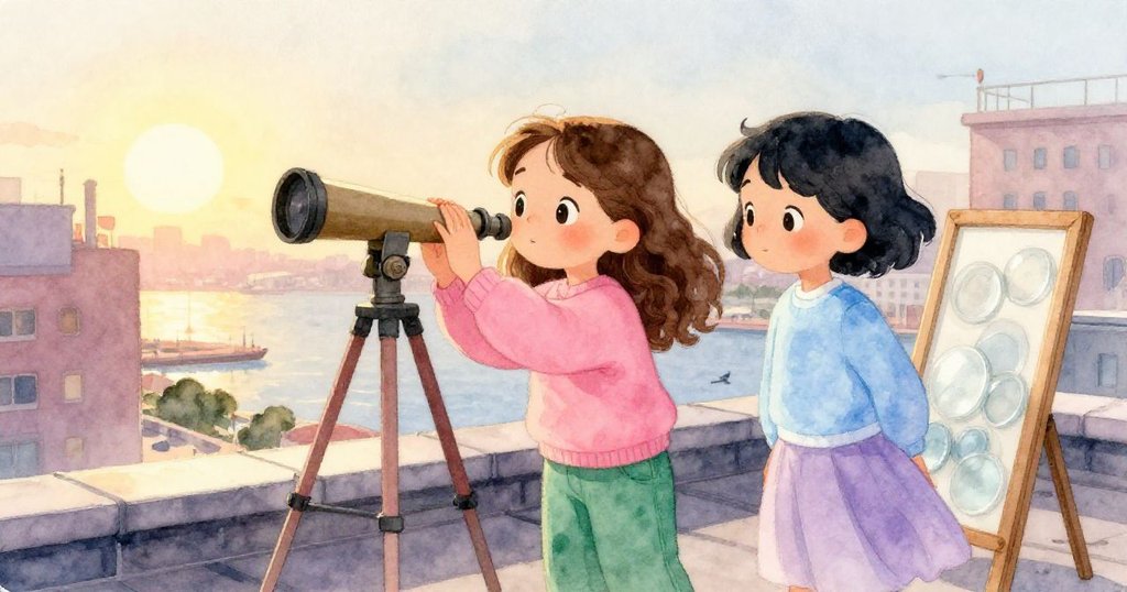 夕陽下莉莉與蘇琪滿懷成就感地站在屋頂，金光灑滿望遠鏡與玻璃盤框，期待著下一段冒險，氛圍溫暖寧靜。