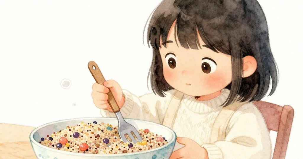 近距離呈現蒸氣繚繞的藜麥碗,蘇姬正專注用旅行鏟子調整餐具,細節豐富展現故事發展。