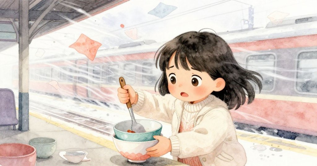 蘇姬在風中奮力掙扎分開依附的餐碗,鏟子與手部動作明顯,展現堅毅與情感高漲的高潮。