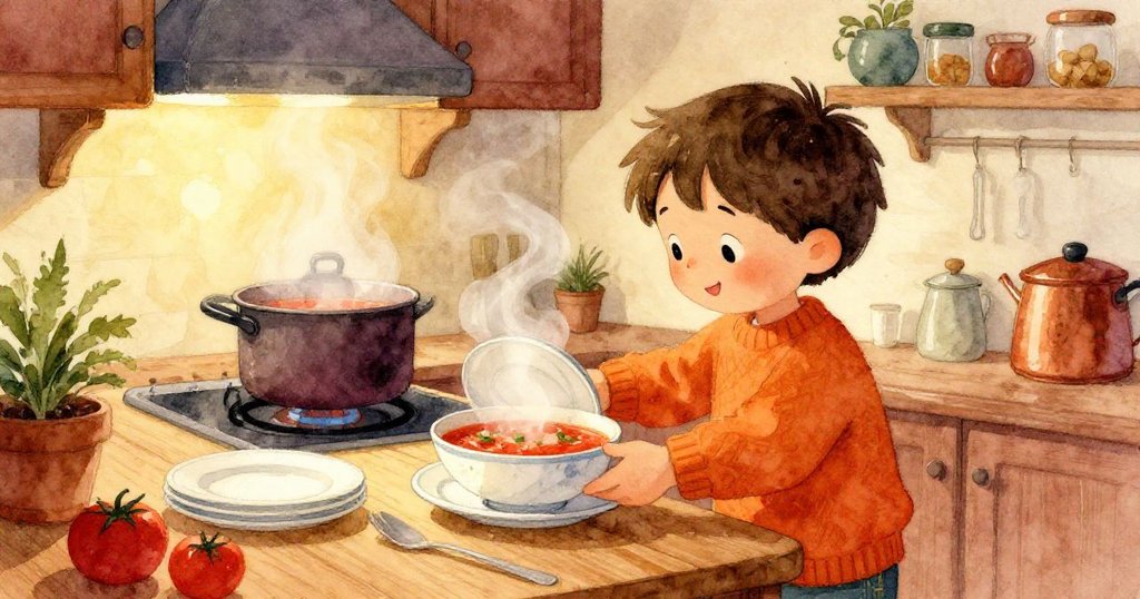 奧斯卡在溫暖廚房中滑動洗淨盤子，晨光透入窗內，蒸氣冉冉上升，他充滿專注與溫馨，展現故事開端。