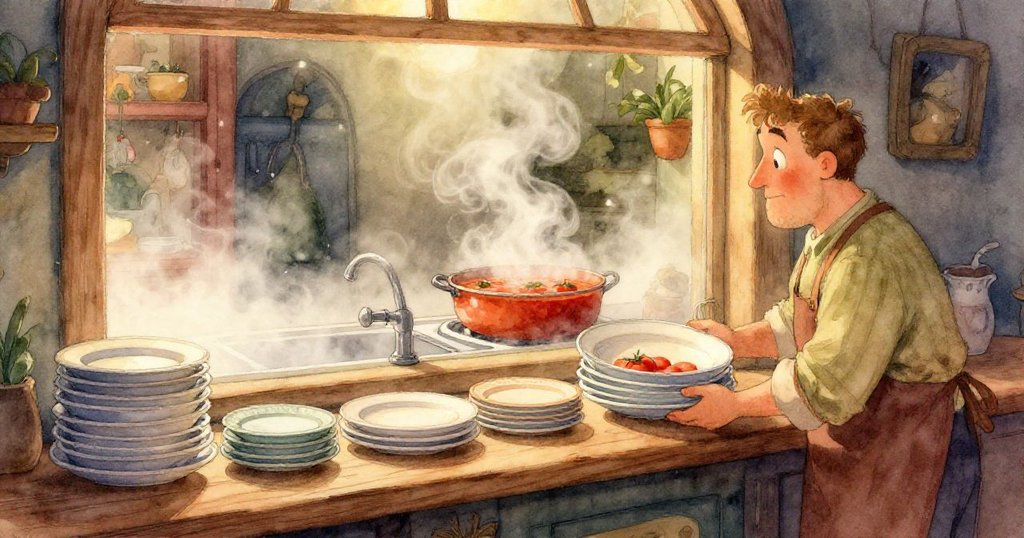 奧斯卡的雙手正仔細舉起刻有海長與探險者圖案的陶瓷調味罐，同時引導湯勺穿過滾燙湯面，展現精緻與動作。