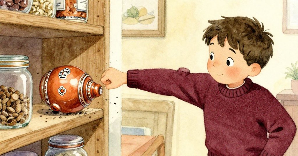 奧斯卡緊急調整讓探險者調味罐滾動，左側罐子正傾斜滾動，右側玻璃罐險些滑落，他神情緊張迅速介入。