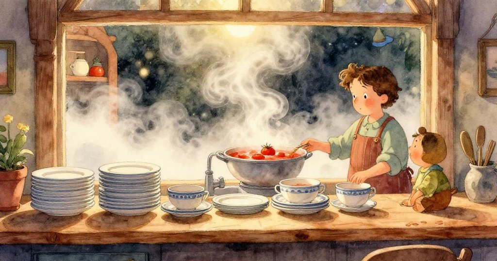 在如水下世界的湯鍋內，泡泡持續翻滾，湯勺輕攪湯面，畫面展現柔和夢幻動態，充滿溫暖流動感。