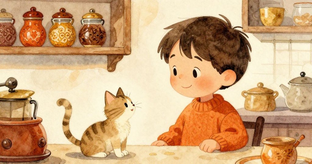 奧斯卡解決危機後滿懷喜悅，小貓在旁跳躍慶祝，廚房中調味罐整齊擺放，洋溢著溫馨勝利氣氛。