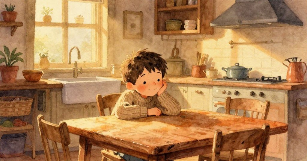 傍晚時分奧斯卡安坐在鄉村風格餐桌前，溫柔燈光與番茄湯餘香映襯出疲憊滿足的神情，故事落幕於寧靜中。