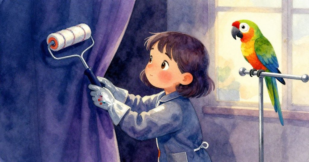 諾拉在黎明時分走向舞台後幕，攜帶畫具，溫柔的鸚鵡棲於衣架上，展現出新一天開始的溫馨情景。