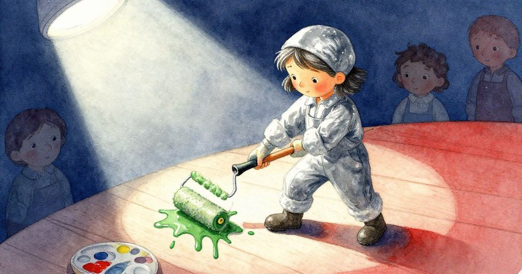 從上方俯視，諾拉專注調整畫刷動作，舞台上綠油彩緩緩滴落，呈現出專注而細膩的工作情景。