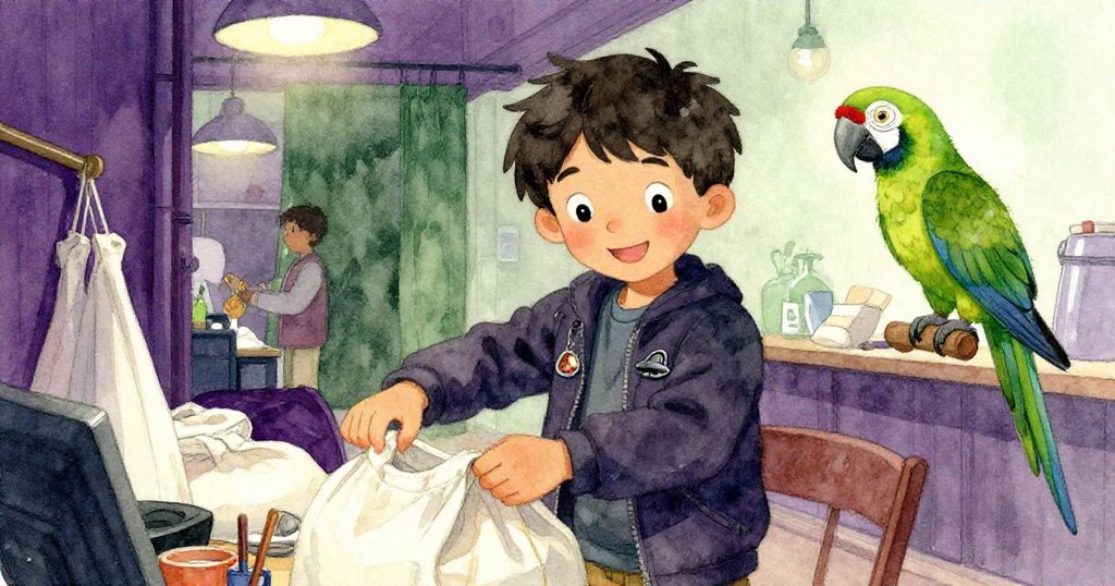 從高處俯瞰後台，班認真整理畫布袋，鸚鵡靜靜棲息，溫暖燈光營造出和諧忙碌的工作環境。