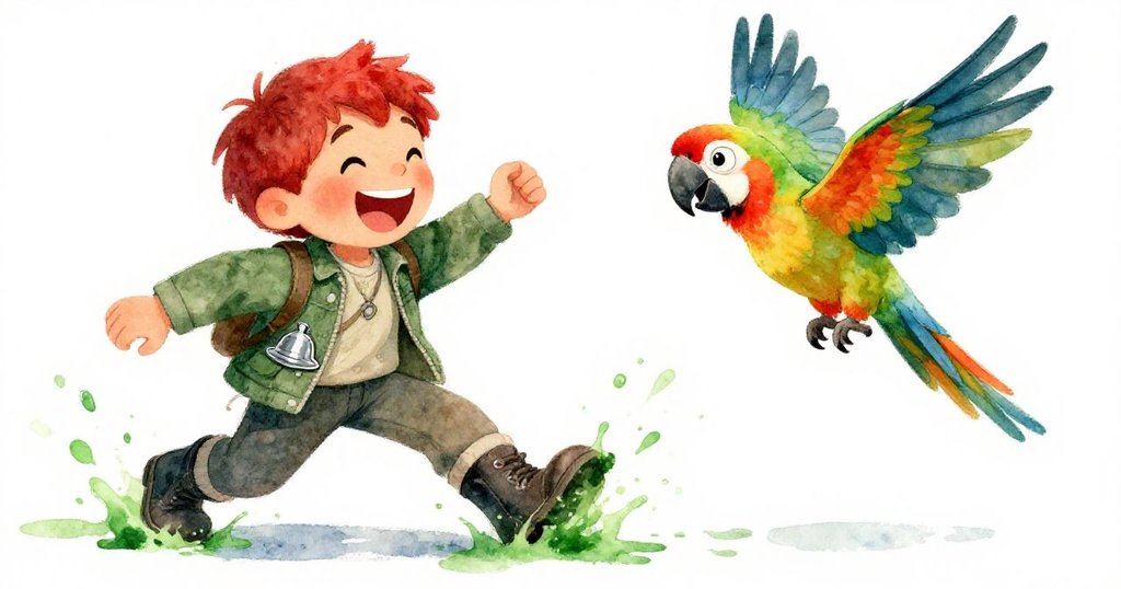 班聽到濺落於靴邊的綠油彩後大笑，鸚鵡也興奮振翅，展現出充滿活力與幽默感的互動瞬間。