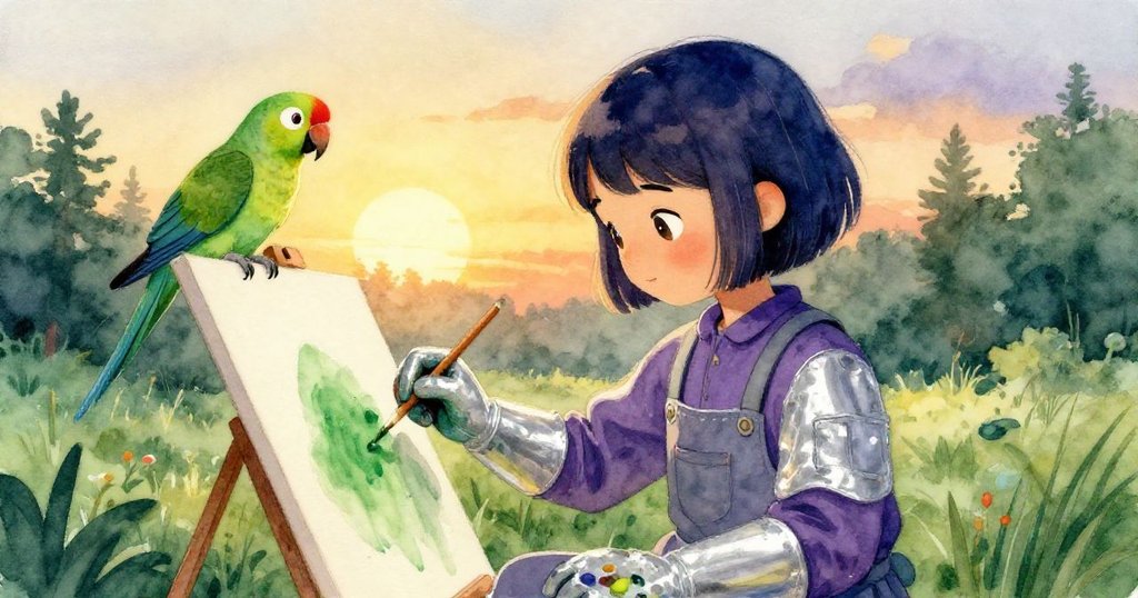 夕陽餘暉下，諾拉推動畫刷於新畫布上，綠油彩緩緩定型，鸚鵡靜坐休憩，散發出平靜溫暖的結局。