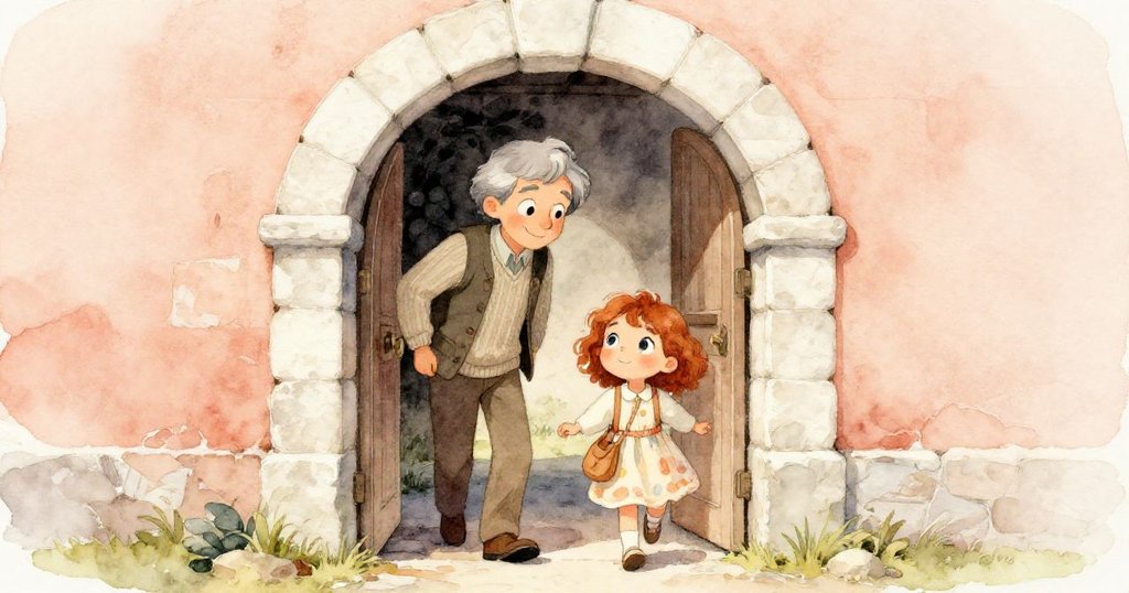 拉斐和艾莉絲走進古老地窖入口，充滿好奇與決心的表情映襯著溫暖柔和的光線，展開冒險。