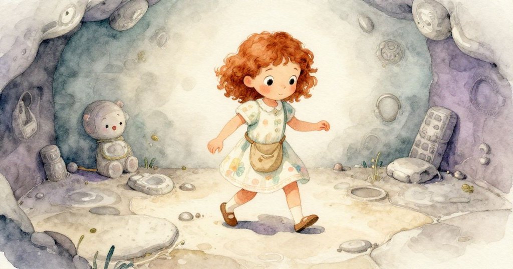 艾莉絲小心地走在潮濕不均的石地上，她的腳印和手中的鏡子展現出探索與精心照料的動作。