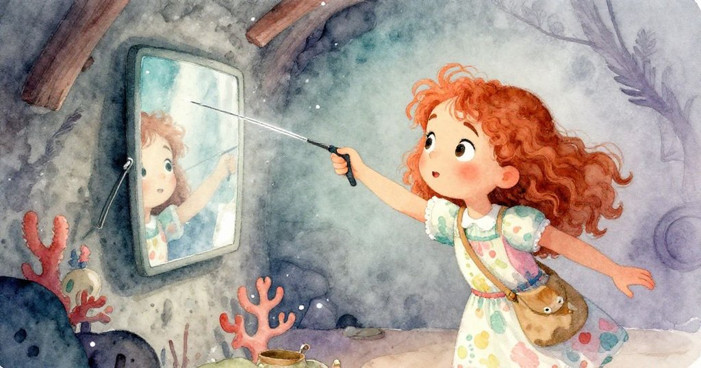 艾莉絲迅速調整鏡子捕捉銀線，動作靈巧而急切，燈光與影子交織出充滿緊張與希望的瞬間。