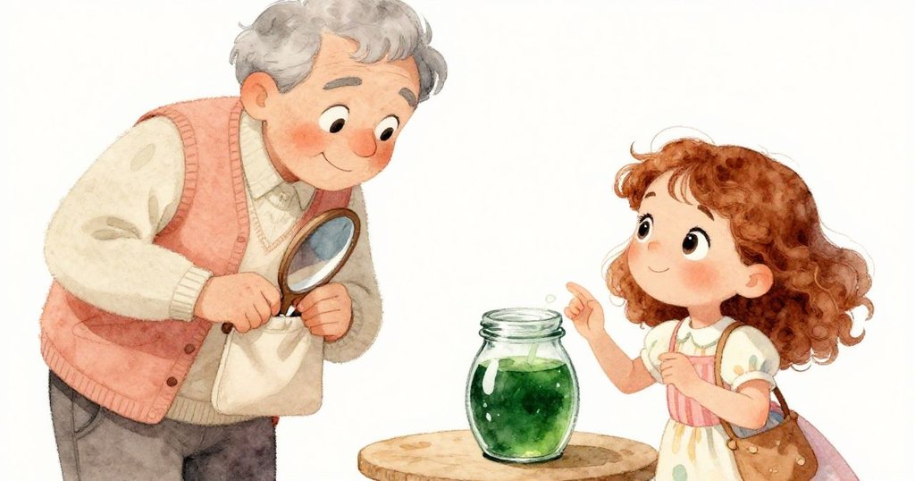 拉斐微笑著收好拋光鏡子，而艾莉絲舉著綠色糖漿的玻璃罐，溫暖光線下洋溢著完成後的喜悅與滿足。