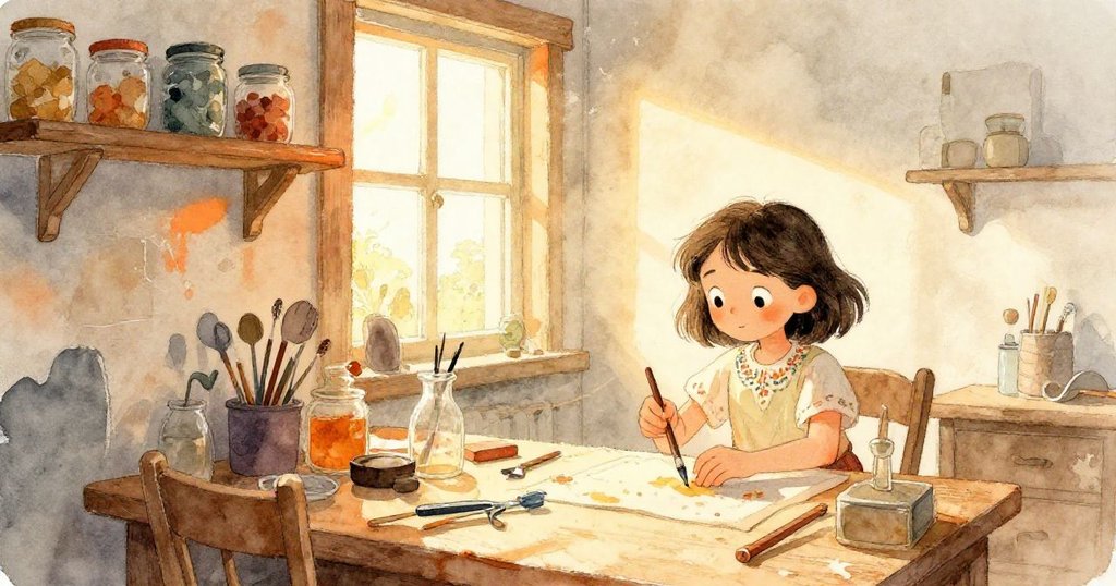 諾拉在溫暖的家中工作室中忙碌整理工具，陽光從側窗灑入，背景中擺著舊罐子，充滿專注與期待