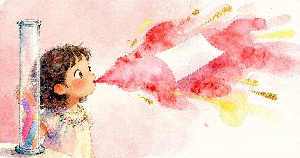 諾拉分屏場景中左側正小心噴灑彩色粉筆塵，右側突現微風捲動紙張，場面生動展現實驗中意外的小插曲