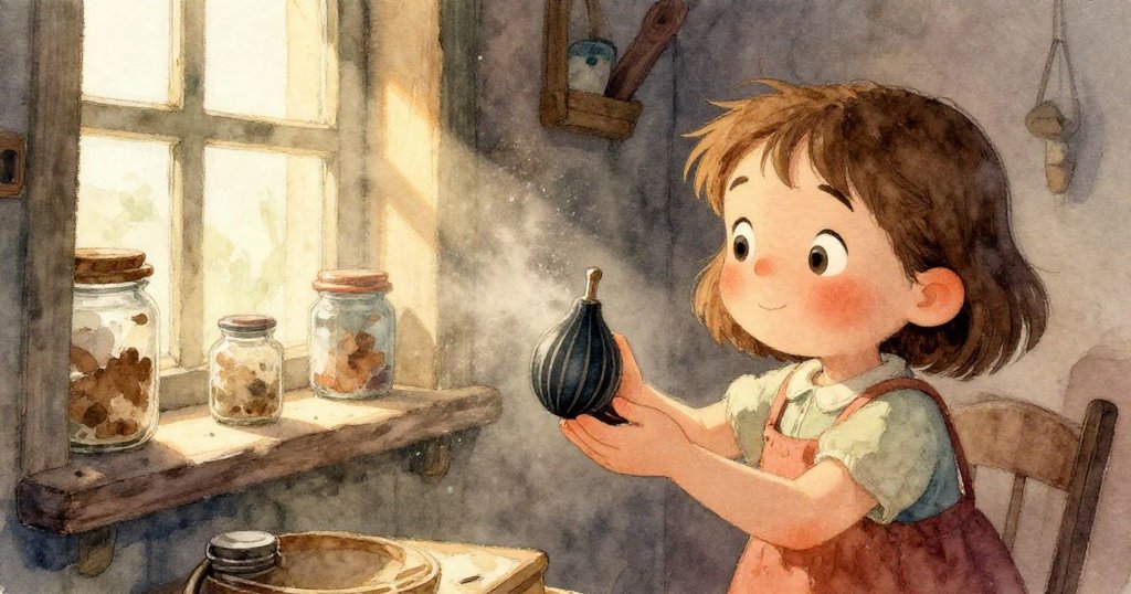 從高處俯視諾拉的工作桌，上面擺放著高聳的玻璃管和嗡嗡作響的風扇，粉塵和紙張隨空氣飛舞，充滿詩意