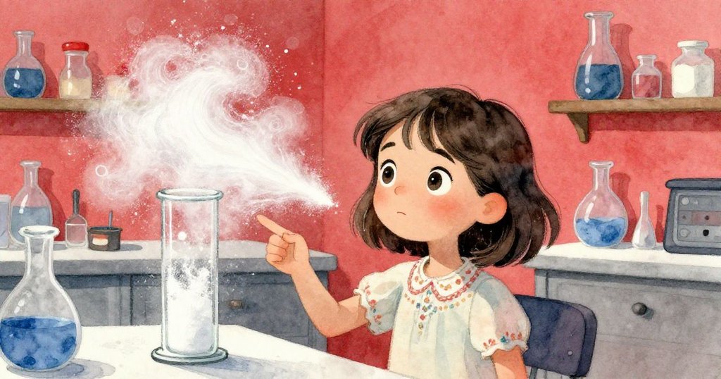 諾拉神情緊張地調整玻璃管，臉上流露出堅定與憂慮，在室內實驗室中小型粉塵龍捲風掀起激烈氣流