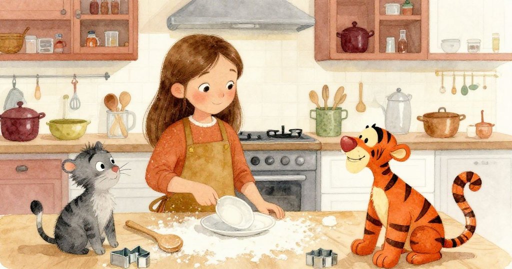 Gwen在明亮廚房中甩出瓷盤，眾多廚房物品飛舞，Tigger興奮圍繞其間，情感豐富且動感十足。