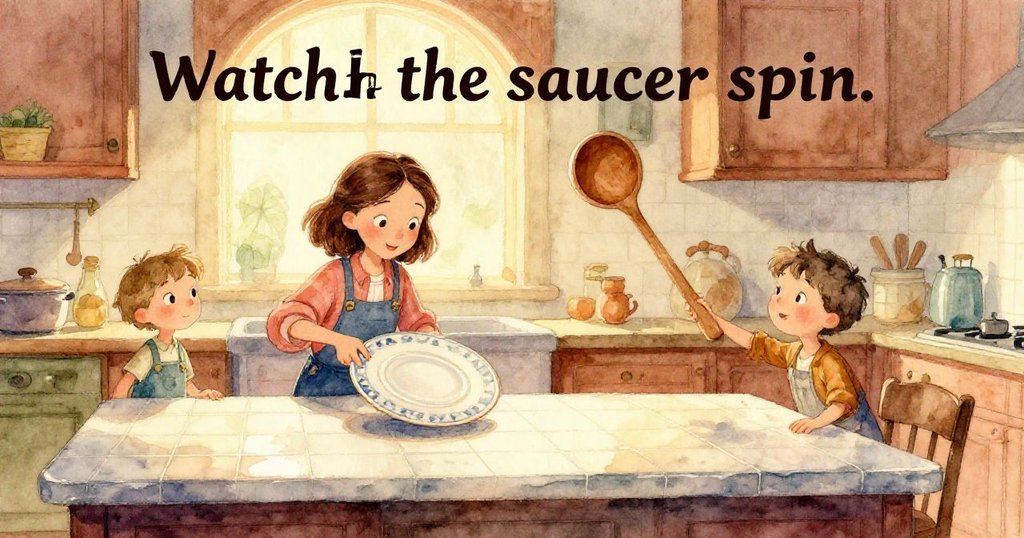 Gwen凝視細緻瓷盤與麵粉紋理，近距離展現廚房島台上温暖細膩的光影效果，充滿動感。