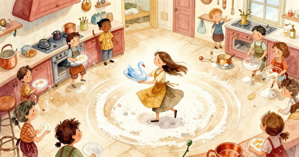 從高處俯瞰Gwen聚精會神旋轉藍天鵝盤，麵粉與物件纏繞成螺旋狀，營造出明亮動感的畫面。