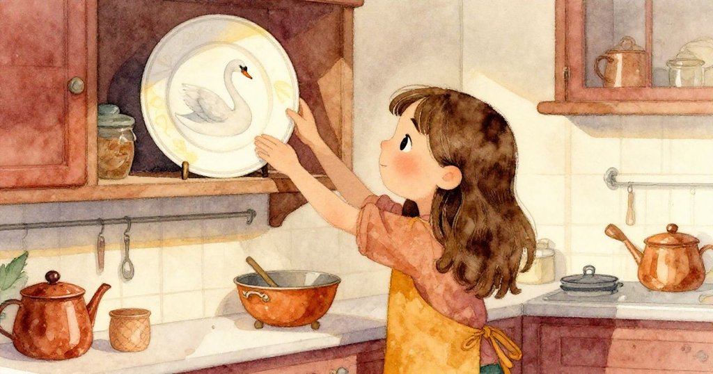 從高處視角看見Gwen伸手取架上繪有天鵝的盤子，整潔廚房中明亮光線映出溫暖細節，場景寧靜。