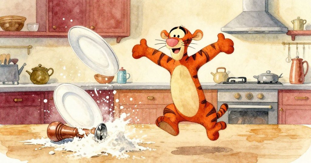 Tigger迅速躍起閃避旋轉盤觸及麵粉堆，胡椒研磨器滾動追逐，廚房中動感躍然紙上。
