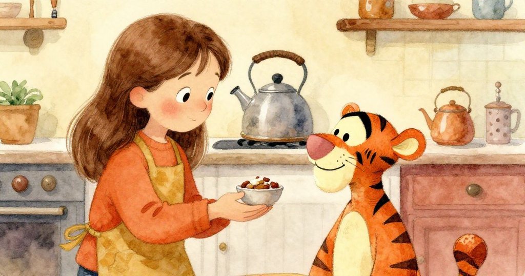 Gwen溫柔微笑中遞送小點心給Tigger，彼此眼神交流溫馨，水壺輕噴蒸氣營造出家庭和諧結局。