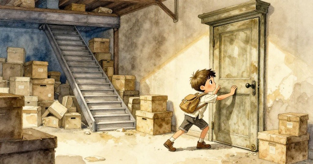 Cole站在老舊儲藏室門前推開大門,微光灑下,他滿懷期待與平靜,背景散落紙箱與低垂百葉窗。